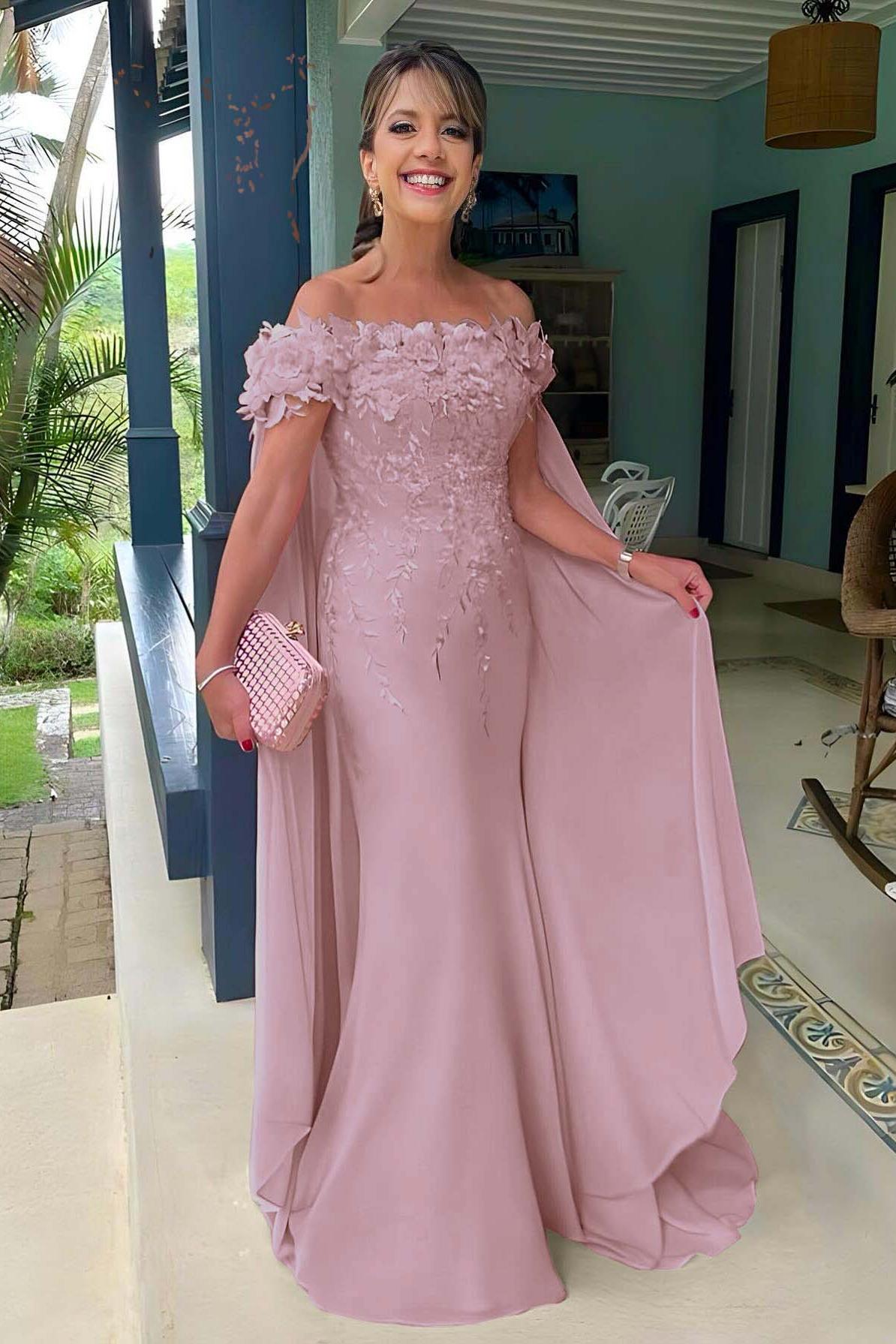 Pink Mermaid Prom Dress Off the Shoulder Evening Dress With 3D Flowers