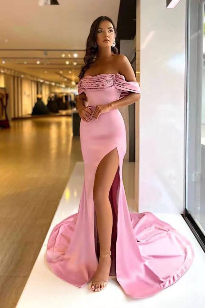 Pink Mermaid Prom Dress Off the Shoulder Satin Sequined Evening Dress
