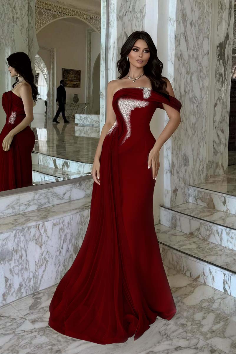 Pink Mermaid Prom Dress One Shoulder Beaded Evening Dress
