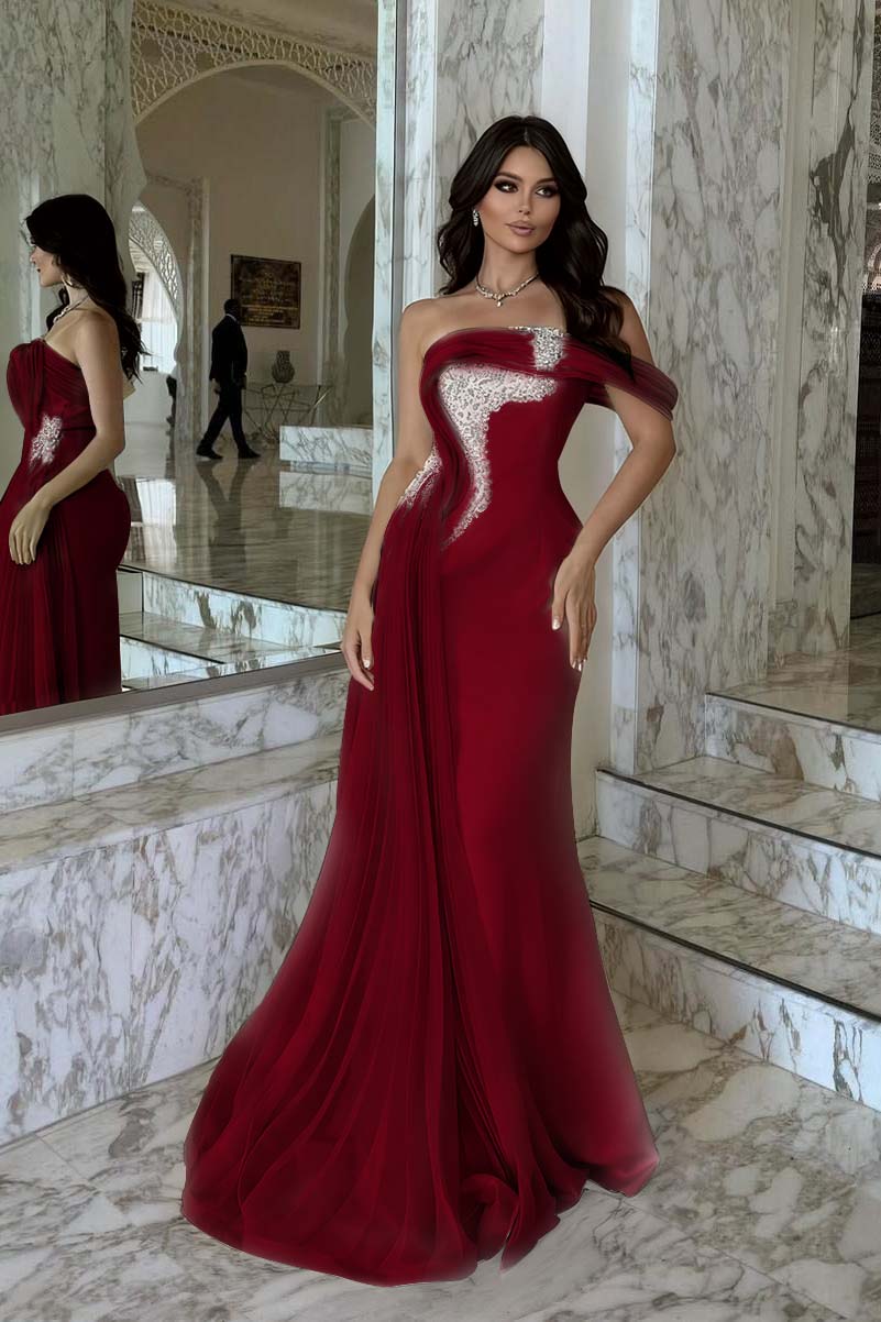 Pink Mermaid Prom Dress One Shoulder Beaded Evening Dress