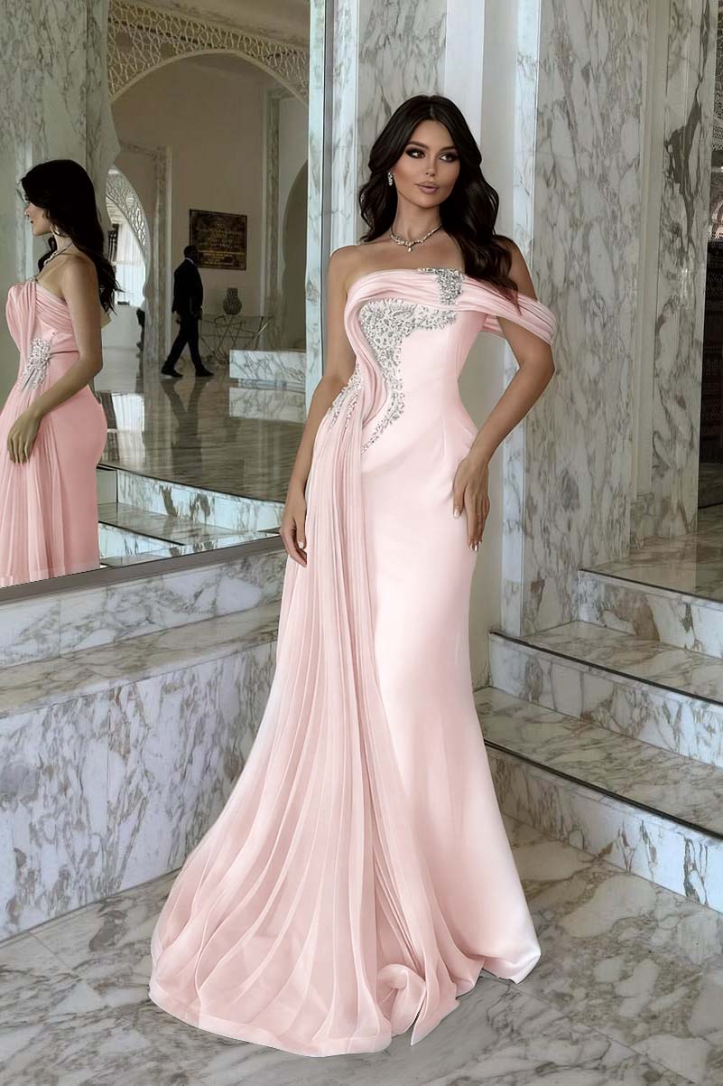 Pink Mermaid Prom Dress One Shoulder Beaded Evening Dress