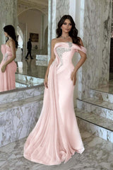 Pink Mermaid Prom Dress One Shoulder Beaded Evening Dress