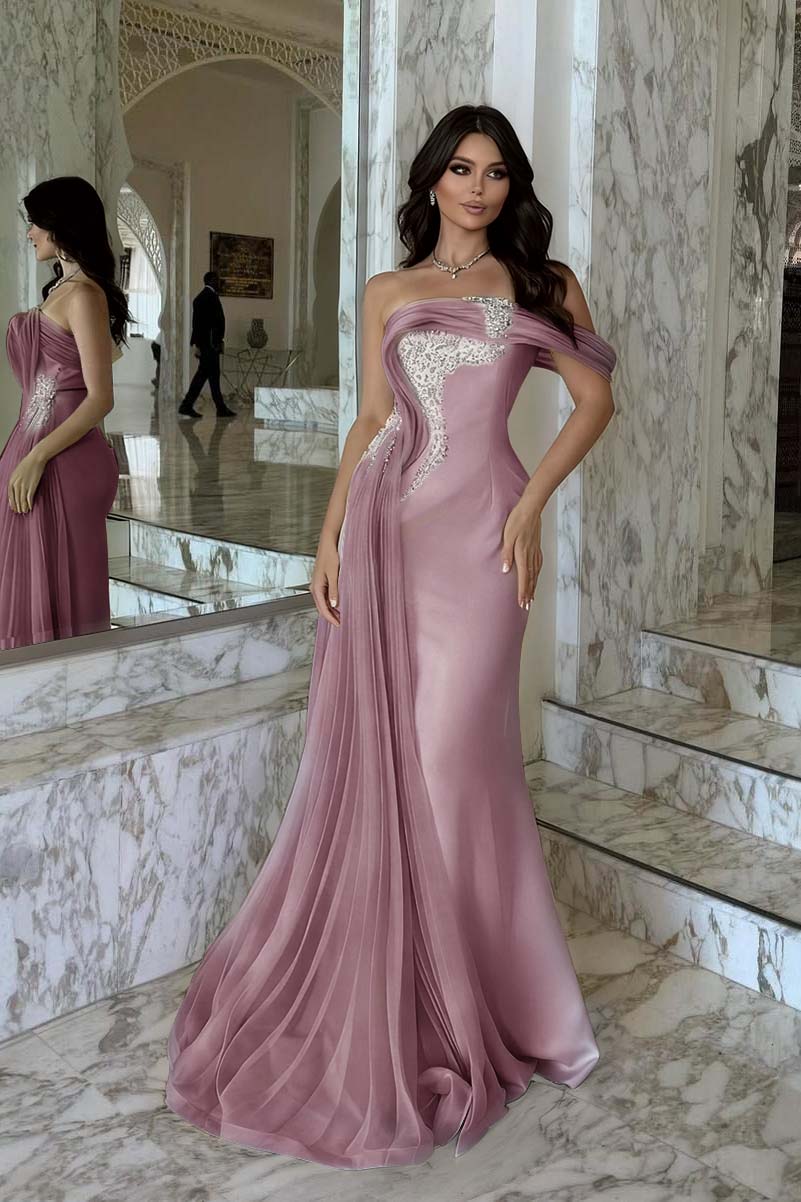 Pink Mermaid Prom Dress One Shoulder Beaded Evening Dress