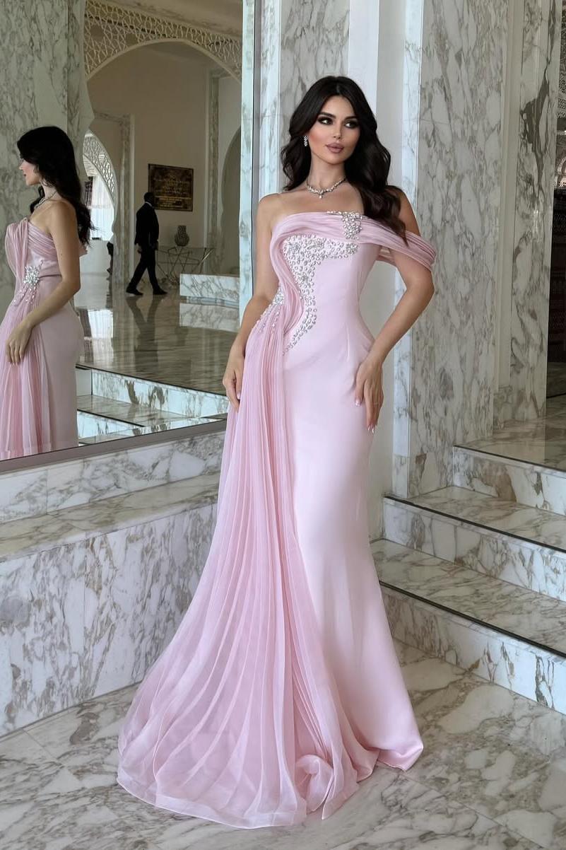 Pink Mermaid Prom Dress One Shoulder Beaded Evening Dress
