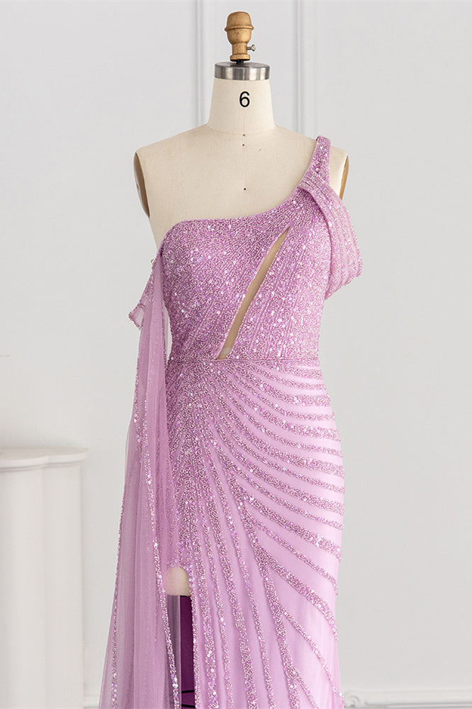Pink Mermaid Prom Dress One Shoulder Sequined Evening Dress