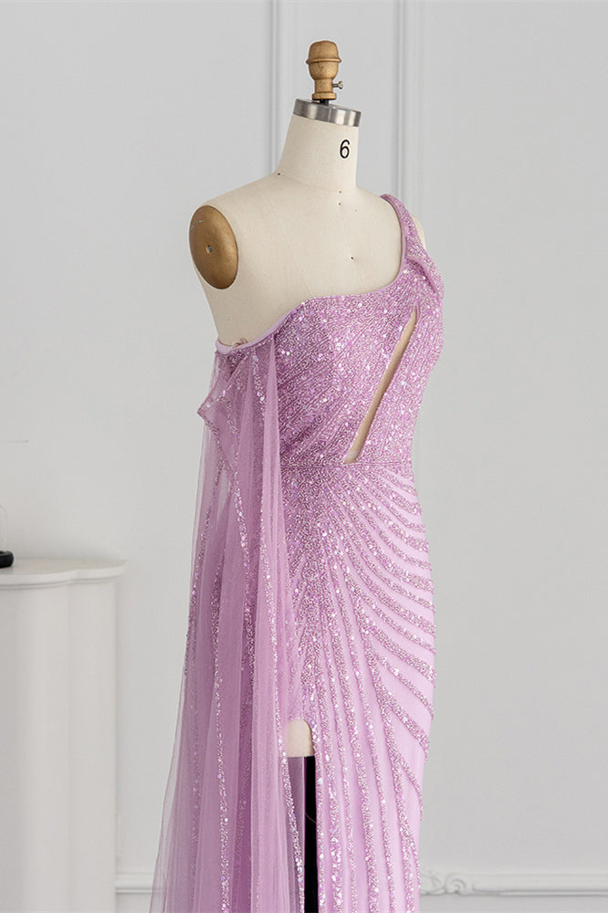 Pink Mermaid Prom Dress One Shoulder Sequined Evening Dress