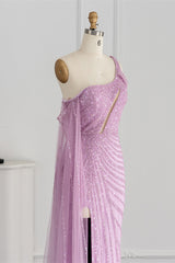 Pink Mermaid Prom Dress One Shoulder Sequined Evening Dress