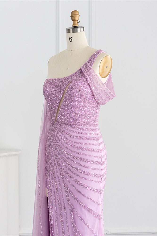 Pink Mermaid Prom Dress One Shoulder Sequined Evening Dress