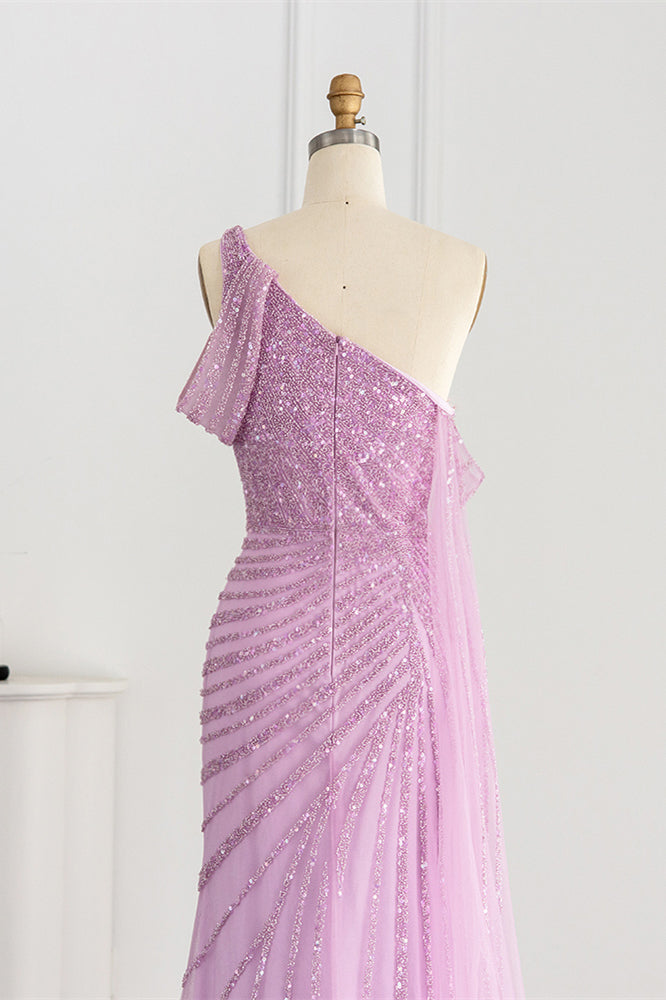 Pink Mermaid Prom Dress One Shoulder Sequined Evening Dress