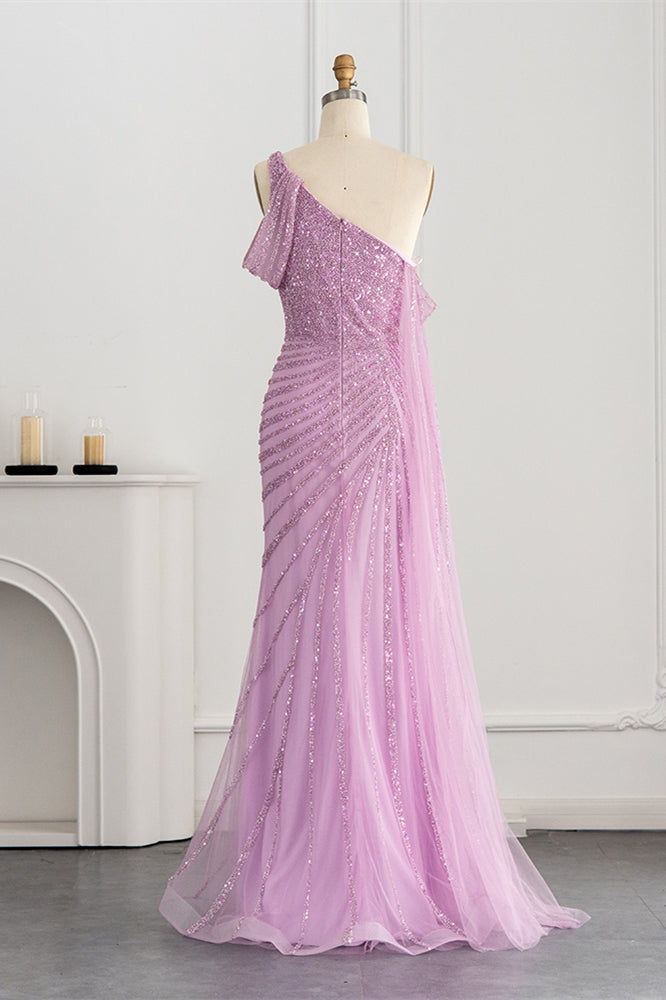 Pink Mermaid Prom Dress One Shoulder Sequined Evening Dress