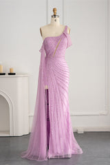 Pink Mermaid Prom Dress One Shoulder Sequined Evening Dress