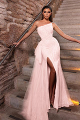 Pink Mermaid Prom Dress Sequined One Shoulder Evening Dress