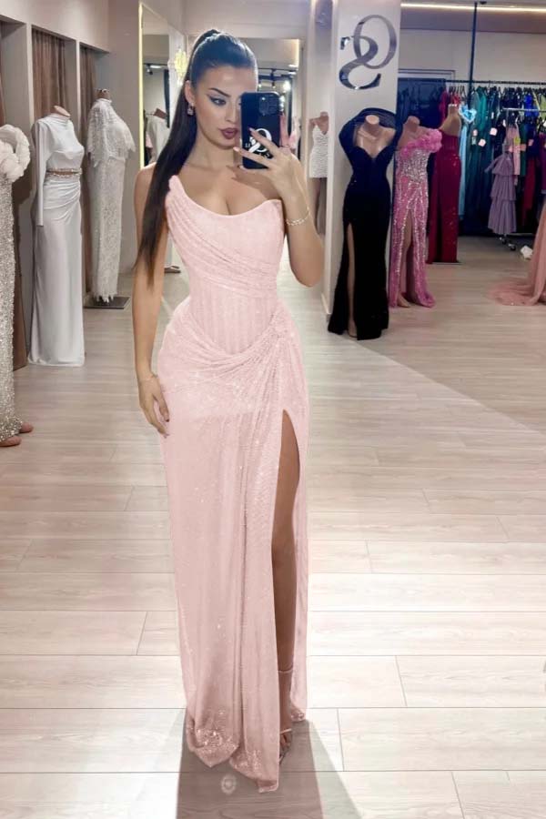 Pink Mermaid Prom Dress Sequined Sleeveless Strapless Evening Dress