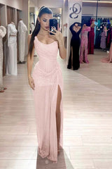 Pink Mermaid Prom Dress Sequined Sleeveless Strapless Evening Dress