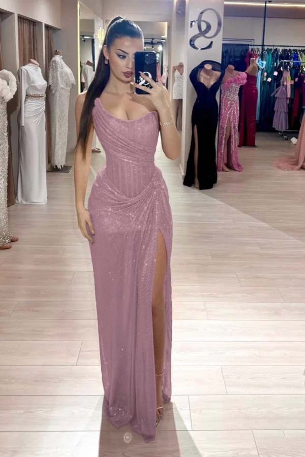 Pink Mermaid Prom Dress Sequined Sleeveless Strapless Evening Dress