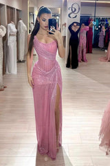 Pink Mermaid Prom Dress Sequined Sleeveless Strapless Evening Dress