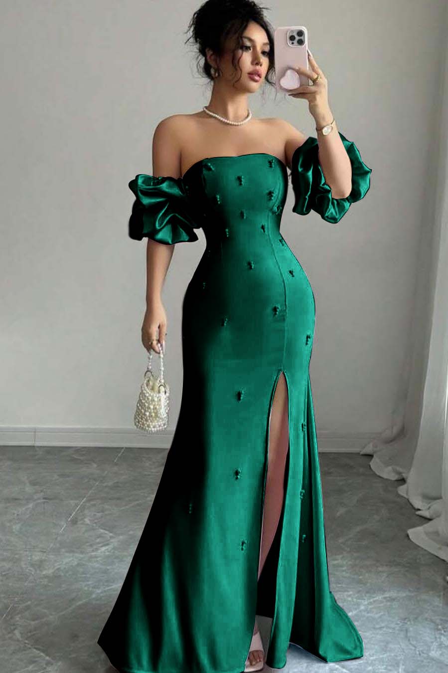 Pink Mermaid Prom Dress Short Sleeve Strapless Beaded Evening Dress
