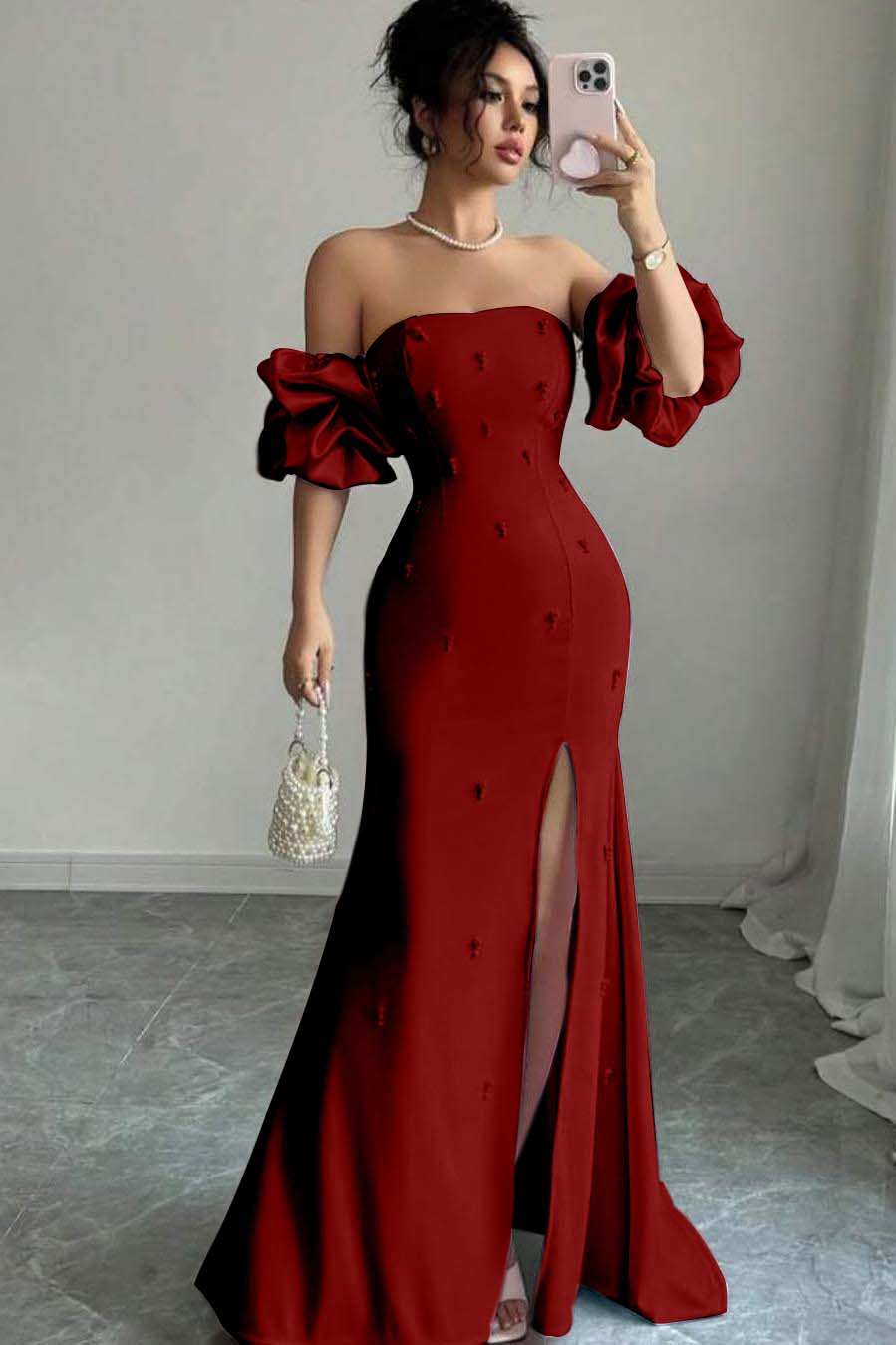 Pink Mermaid Prom Dress Short Sleeve Strapless Beaded Evening Dress