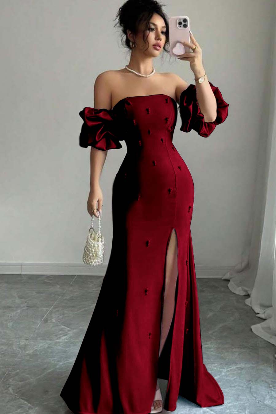 Pink Mermaid Prom Dress Short Sleeve Strapless Beaded Evening Dress