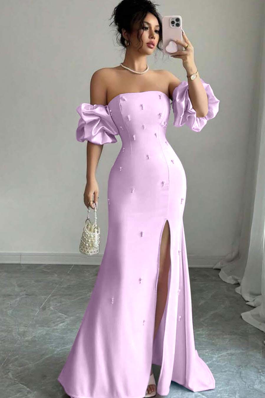 Pink Mermaid Prom Dress Short Sleeve Strapless Beaded Evening Dress
