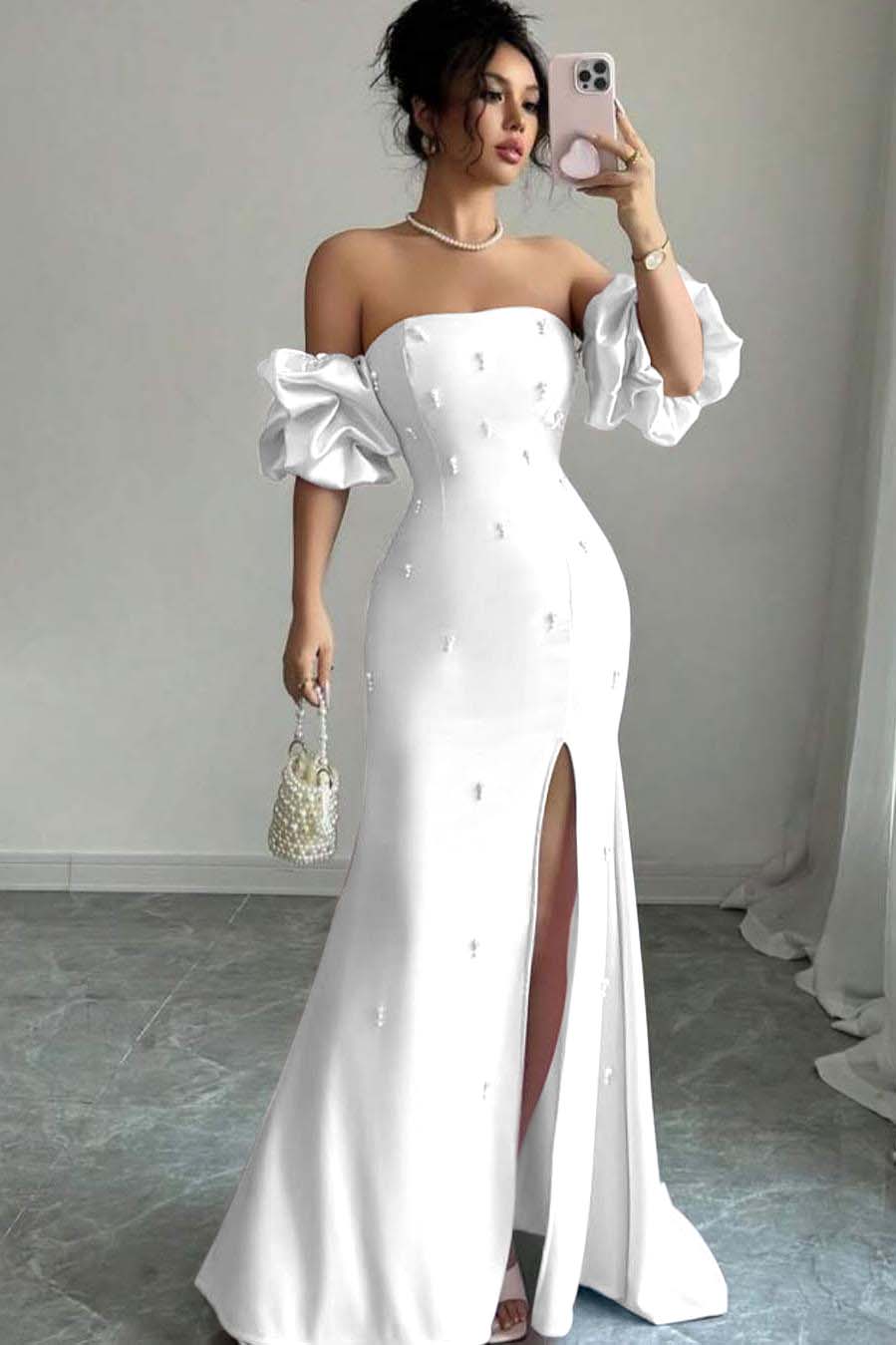 Pink Mermaid Prom Dress Short Sleeve Strapless Beaded Evening Dress