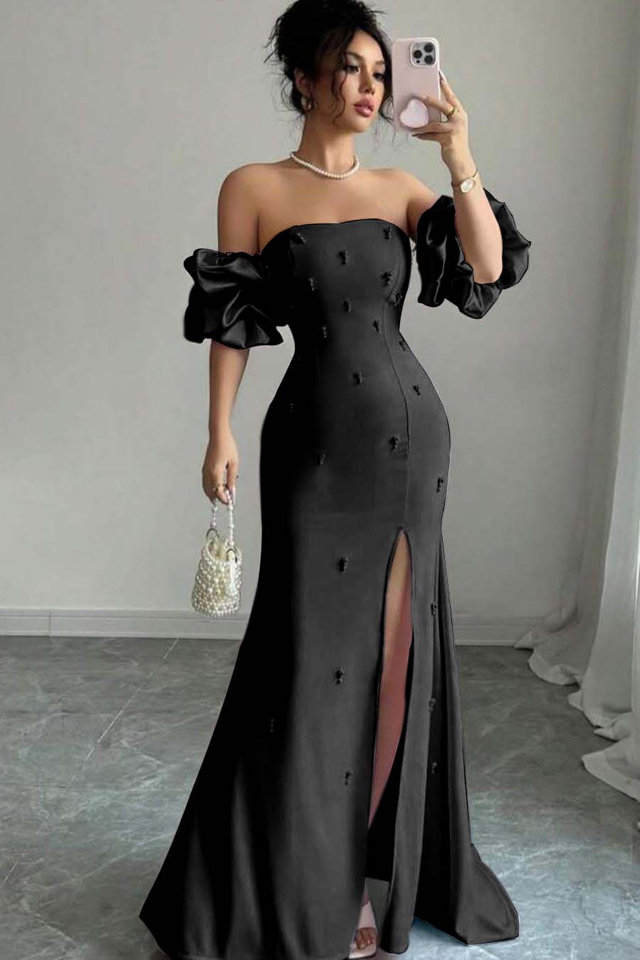 Pink Mermaid Prom Dress Short Sleeve Strapless Beaded Evening Dress