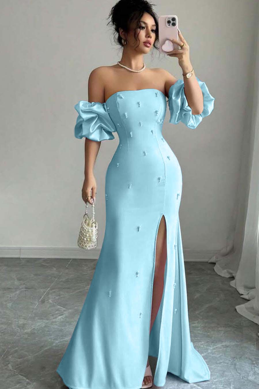 Pink Mermaid Prom Dress Short Sleeve Strapless Beaded Evening Dress