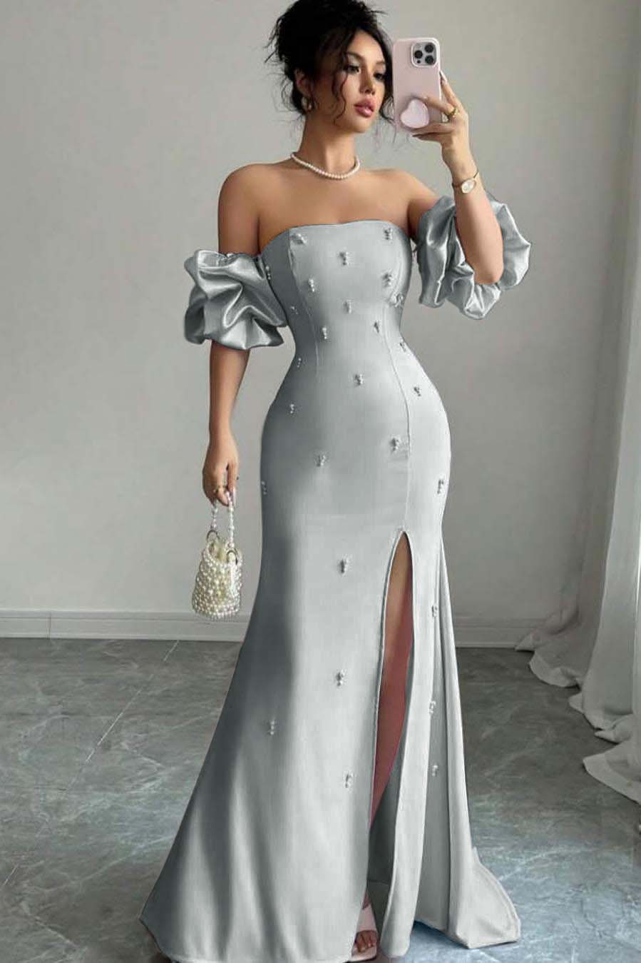 Pink Mermaid Prom Dress Short Sleeve Strapless Beaded Evening Dress