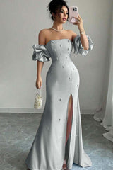 Pink Mermaid Prom Dress Short Sleeve Strapless Beaded Evening Dress