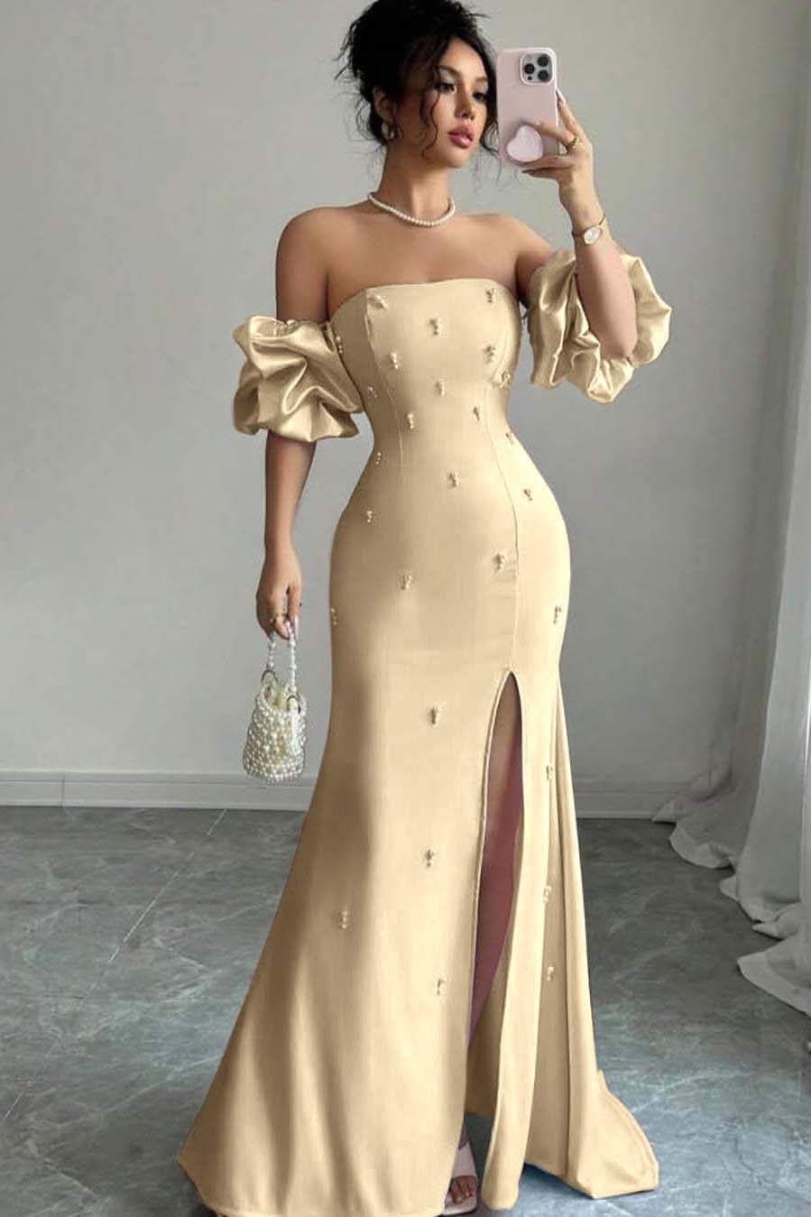 Pink Mermaid Prom Dress Short Sleeve Strapless Beaded Evening Dress
