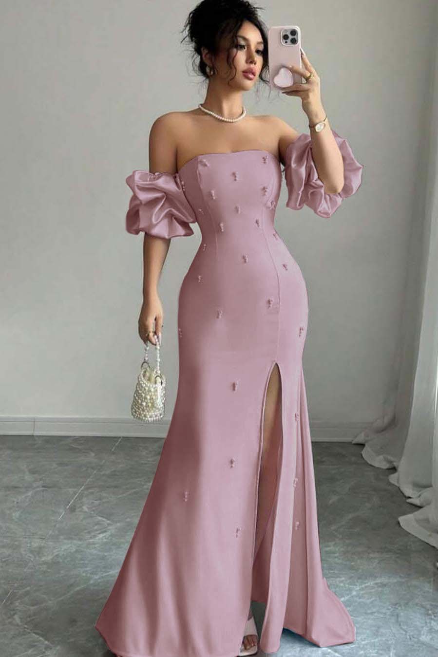 Pink Mermaid Prom Dress Short Sleeve Strapless Beaded Evening Dress