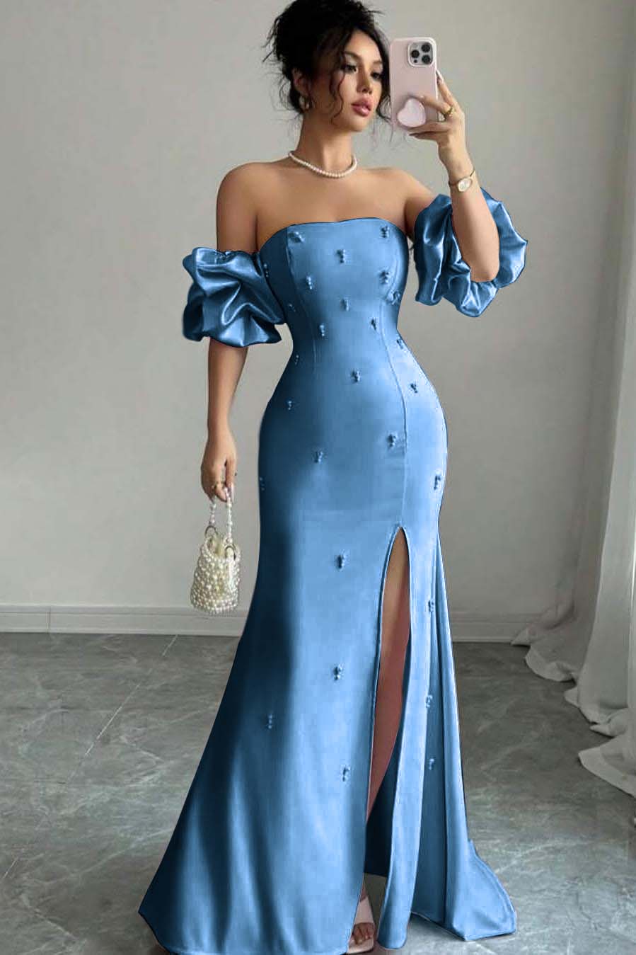 Pink Mermaid Prom Dress Short Sleeve Strapless Beaded Evening Dress