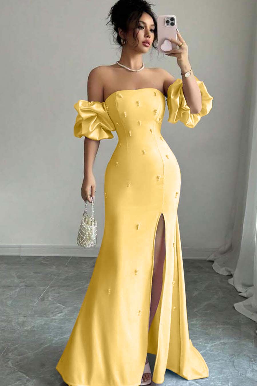Pink Mermaid Prom Dress Short Sleeve Strapless Beaded Evening Dress