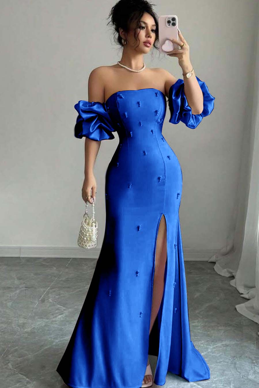 Pink Mermaid Prom Dress Short Sleeve Strapless Beaded Evening Dress