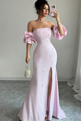 Pink Mermaid Prom Dress Short Sleeve Strapless Beaded Evening Dress