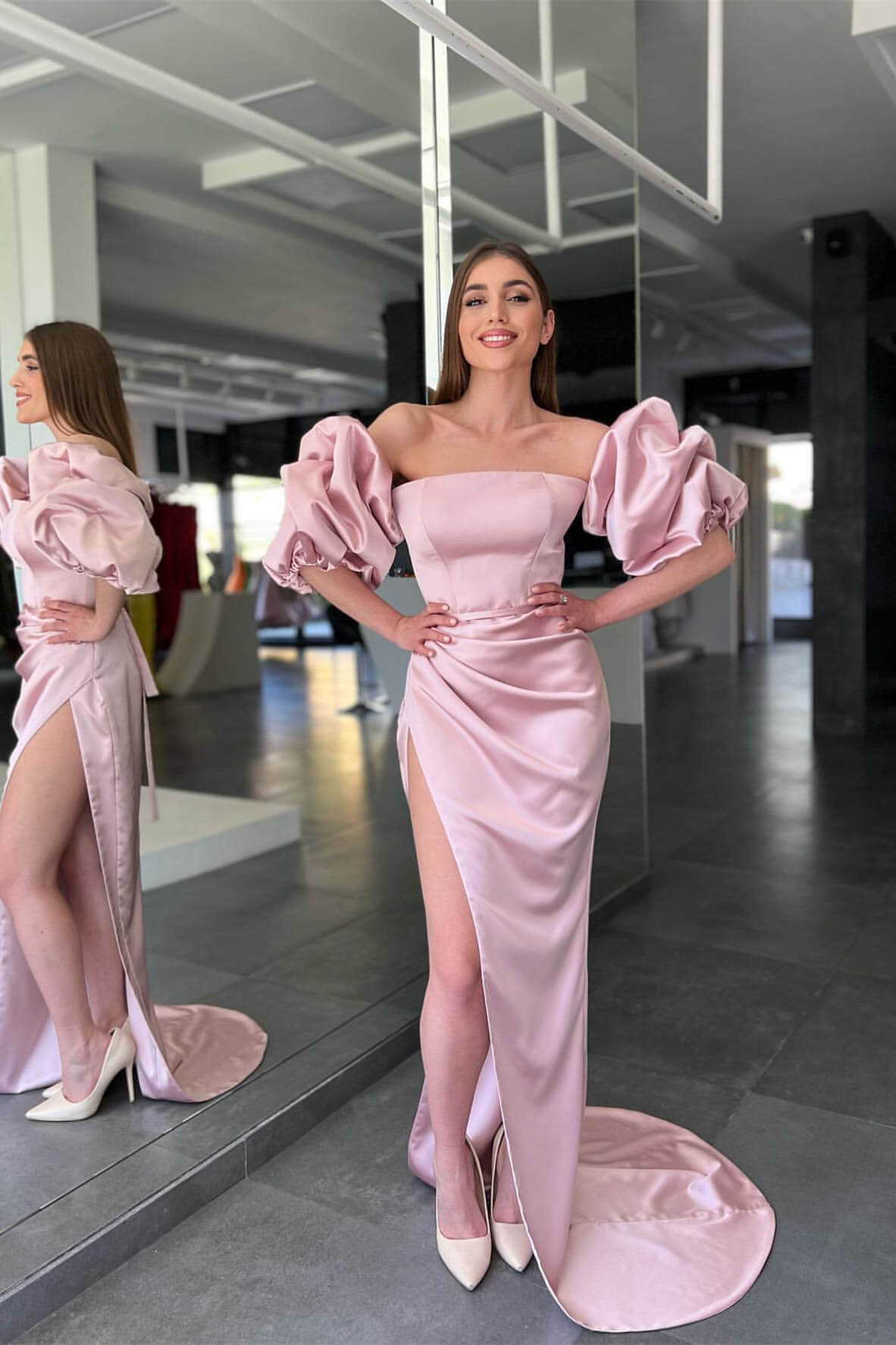 Pink Mermaid Prom Dress Short Sleeve Strapless Satin Evening Dress