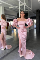 Pink Mermaid Prom Dress Short Sleeve Strapless Satin Evening Dress