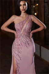 Pink Mermaid Prom Dress Sleeveless One Shoulder Sequined Evening Dress