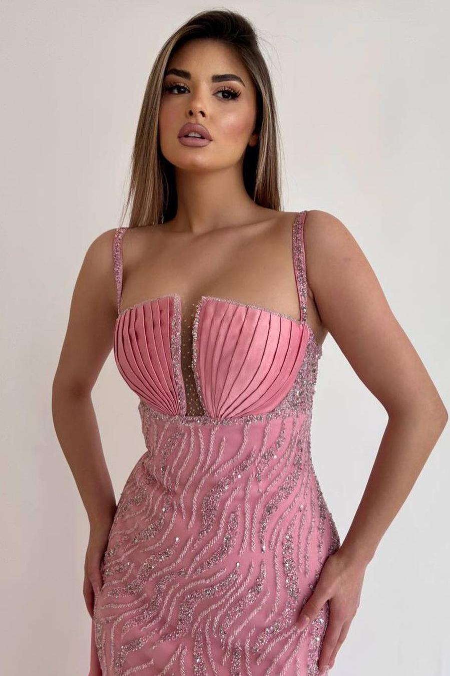 Pink Mermaid Prom Dress Sleeveless Spaghetti Straps Beaded Evening Dress