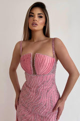 Pink Mermaid Prom Dress Sleeveless Spaghetti Straps Beaded Evening Dress