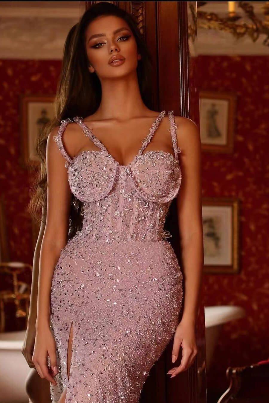 Pink Mermaid Prom Dress Sleeveless Spaghetti Straps Sequined Evening Dress