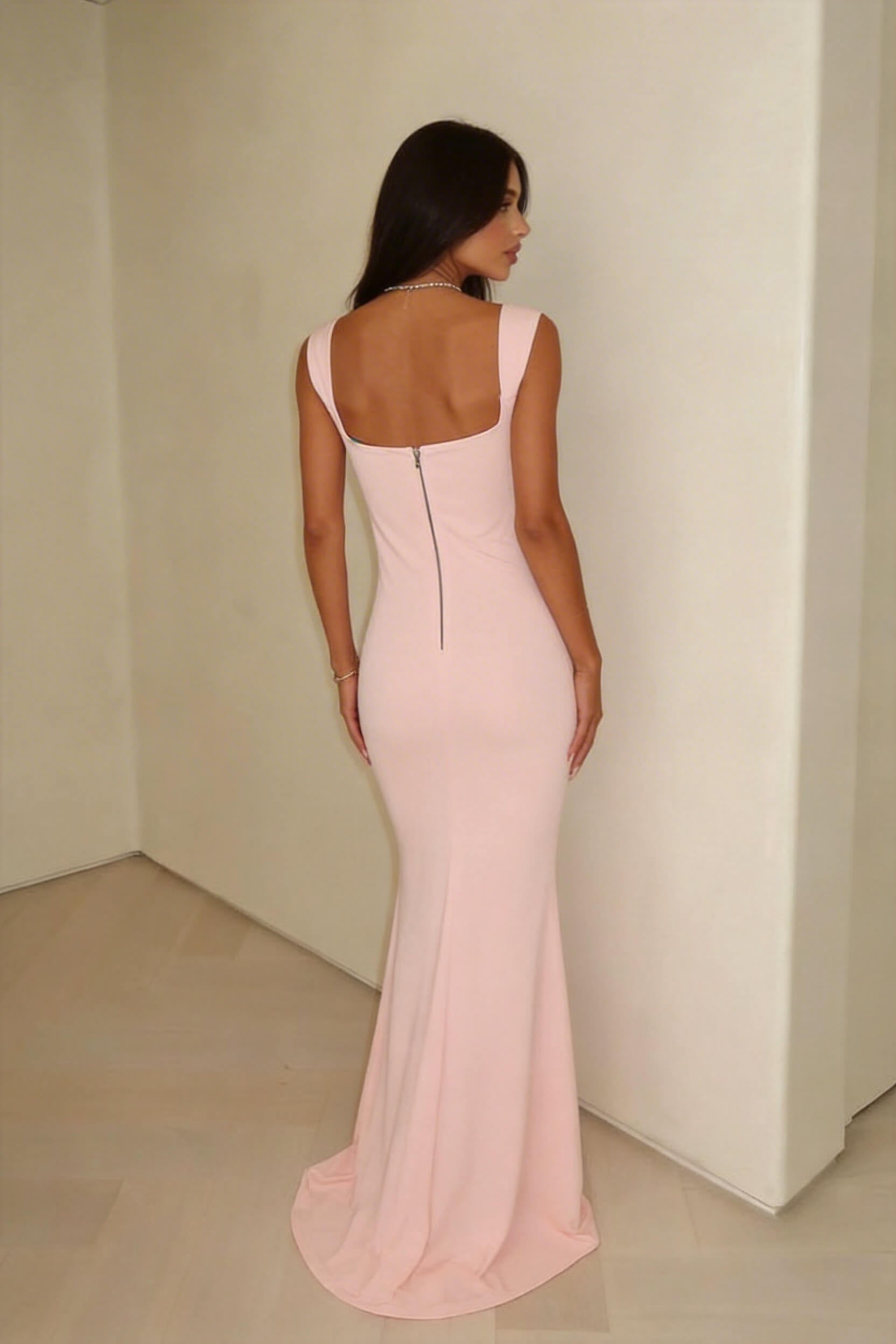 Pink Mermaid Prom Dress Sleeveless Square Neck Satin Evening Dress
