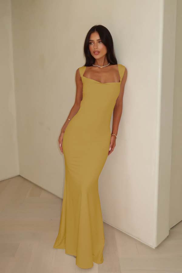 Pink Mermaid Prom Dress Sleeveless Square Neck Satin Evening Dress