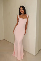 Pink Mermaid Prom Dress Sleeveless Square Neck Satin Evening Dress