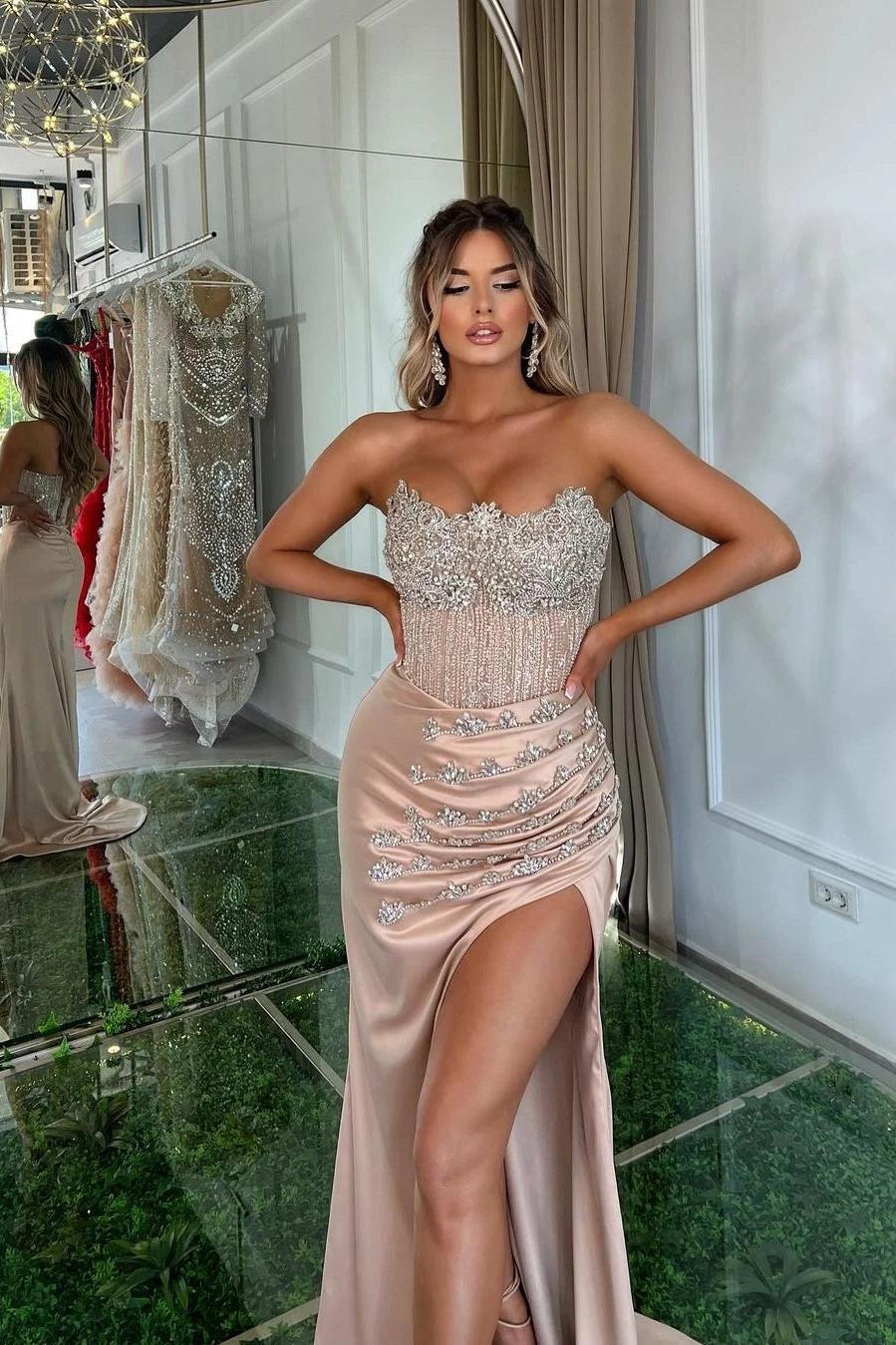 Pink Mermaid Prom Dress Sleeveless Strapless Beaded Evening Dress