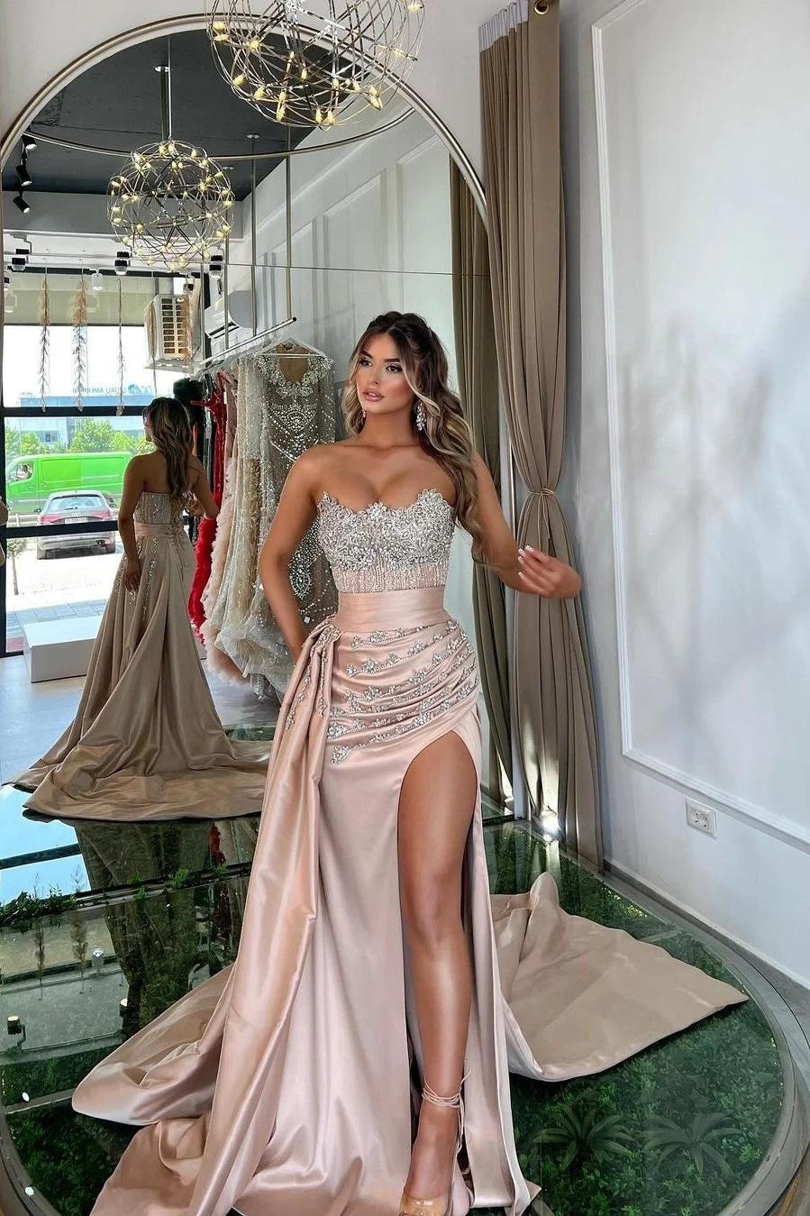 Pink Mermaid Prom Dress Sleeveless Strapless Beaded Evening Dress