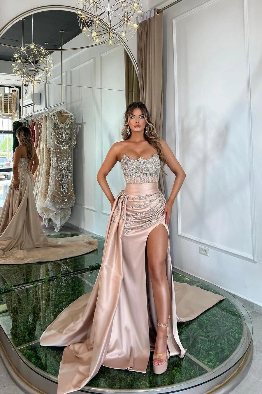 Pink Mermaid Prom Dress Sleeveless Strapless Beaded Evening Dress