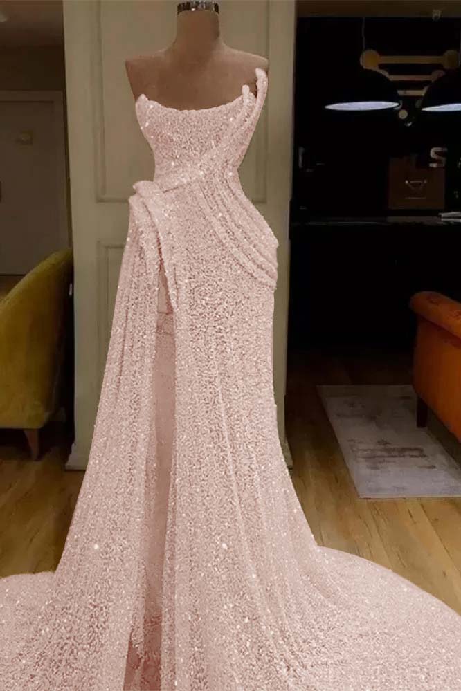 Pink Mermaid Prom Dress Sleeveless Strapless Evening Dress