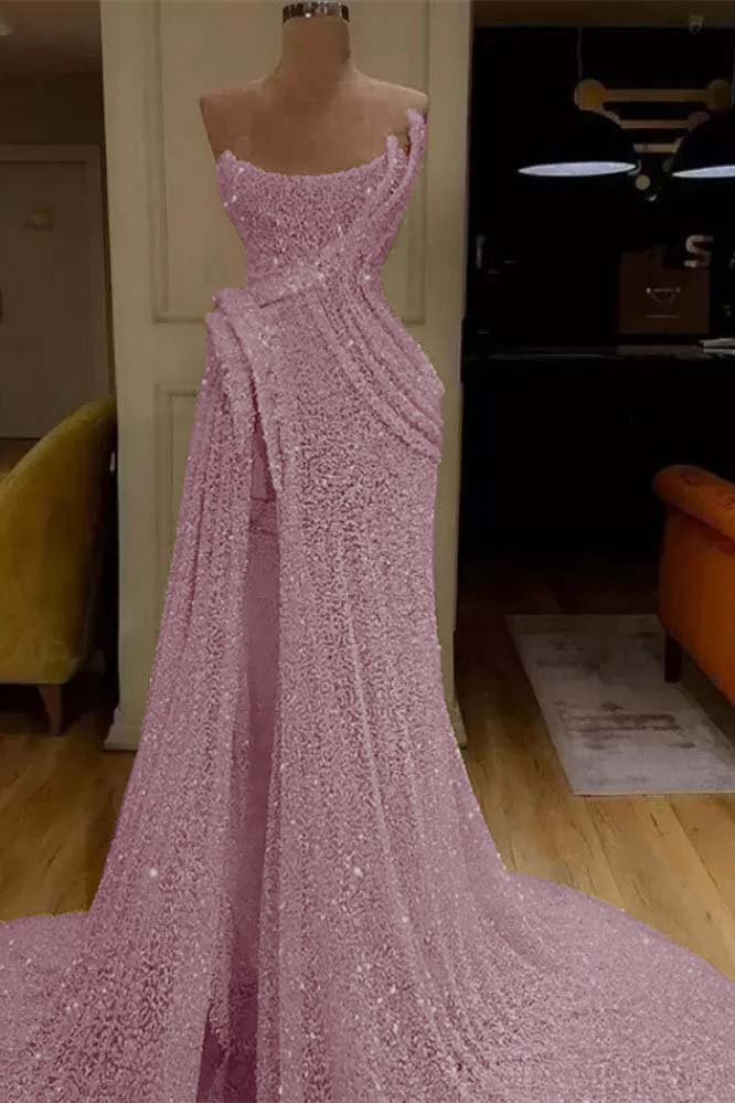 Pink Mermaid Prom Dress Sleeveless Strapless Evening Dress