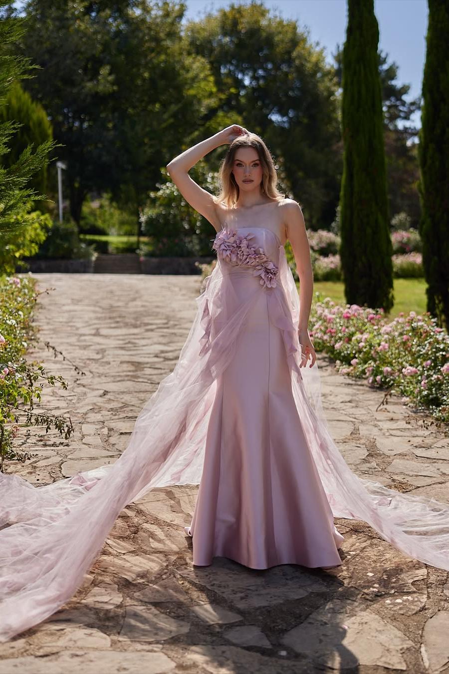 Pink Mermaid Prom Dress Sleeveless Strapless Satin Evening Dress With 3D Flowers